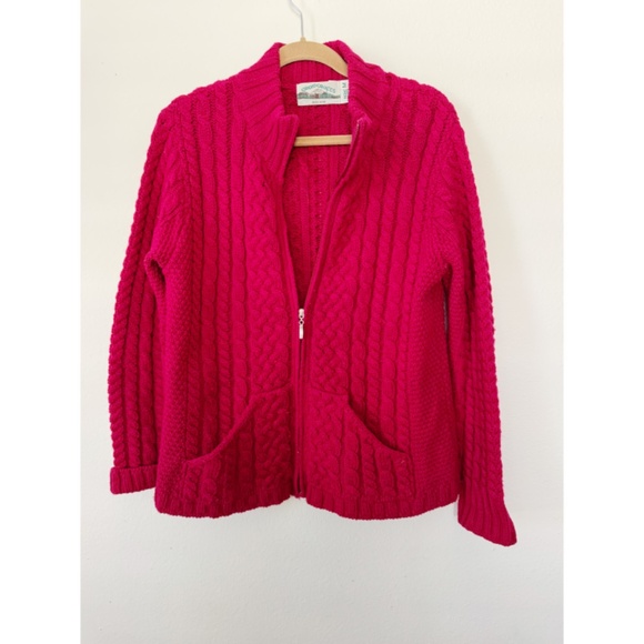 Aran Crafts Merino Wool Made in Ireland Cable Knit Zip-Front Cardigan Red M - Picture 2 of 6